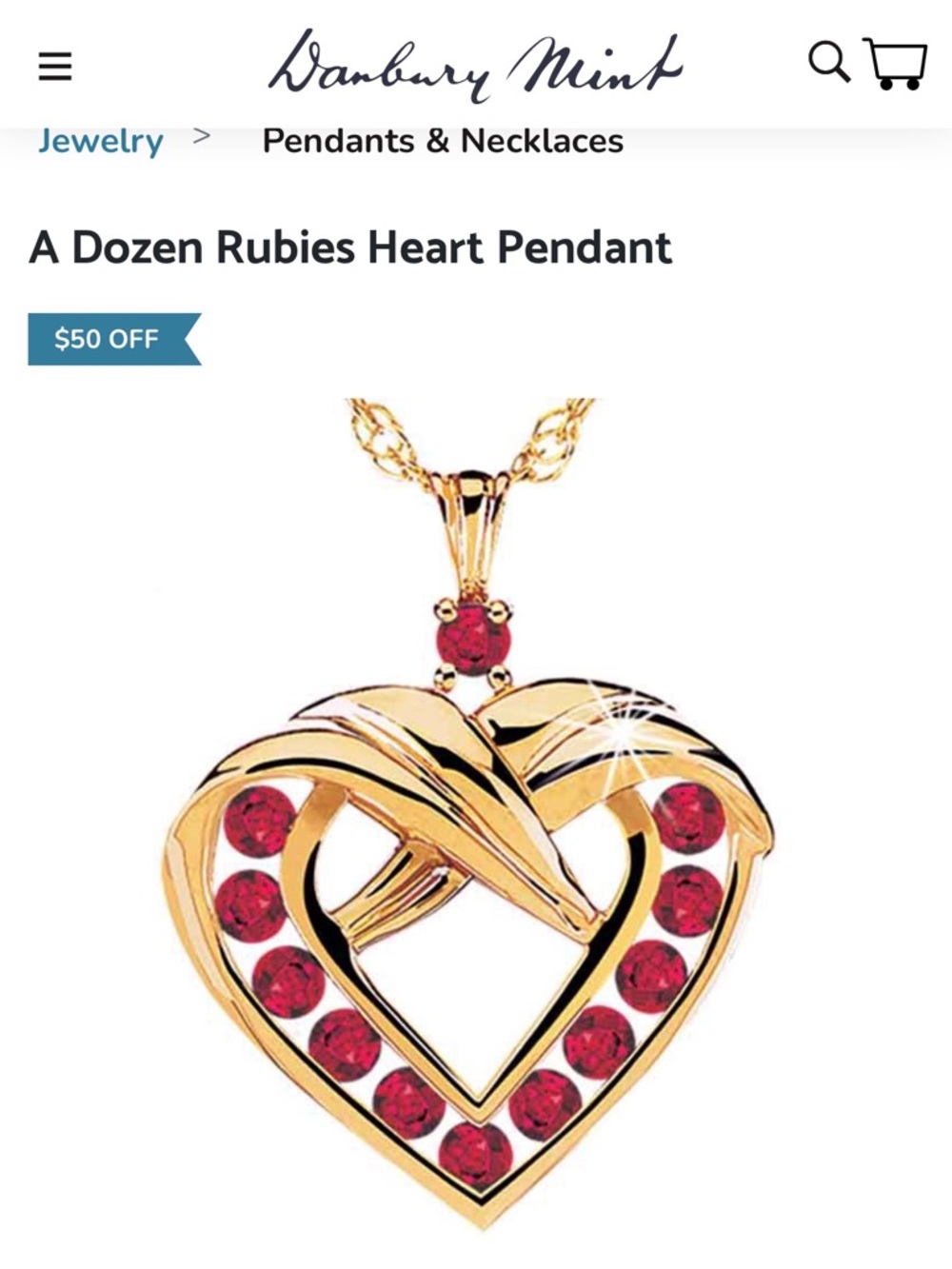 Danbury Mint “A Dozen Rubies” Heart Pendant Necklace 14kt Gold-Plated